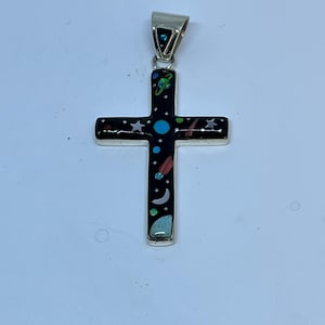 2 Inches Length Handmade Multi-color Stone Inlay Galaxy Night Sky Planet Cross Sterling Silver Pendant