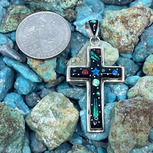 2 Inches Length Handmade Native Style Multi-stone Inlay Galaxy Night Sky Cross Sterling Silver Pendant