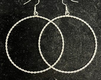 3.5 Inches Length Handmade Navajo Double Twisted Wires Sterling Silver Hoop and Dangle Earrings