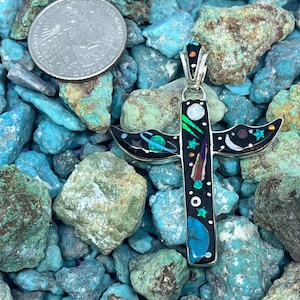 2 Inches Length Handmade Native Style Multi-stone Inlay Galaxy Night Sky Cross Sterling Silver Pendant