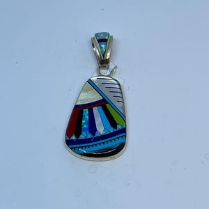 1.75 Inch Length Handmade Multi-Stone Inlay Sterling Silver Pendant
