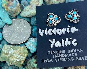 Small Handmade Petit Point Turquoise Cluster Flower Sterling Silver Stud Earrings