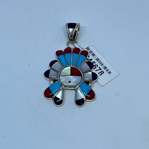1.75 Inch Length Handmade Zuni Kachina Style Multi-stone Inlay Sterling Silver Pendant