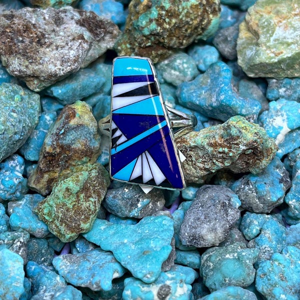 Handgemachte Native American Zuni Türkis Blau Lapis Inlay Stil Sterling Silber Ringe