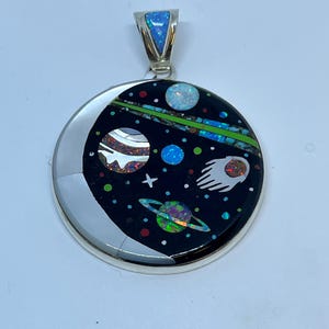 2.25 Inches Length Handmade 40mm Round Multicolor Inlay Stone Night Sky Galaxy Sterling Silver Pendant