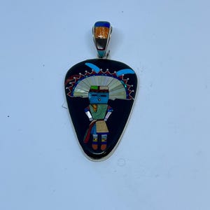 2.25 Inches Length Handmade Zuni Kachina Style Multi-stone Inlay Sterling Silver Pendant