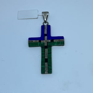 2.75 Inches Length Handmade Multi-color Stone Inlay Cross Sterling Silver Pendant