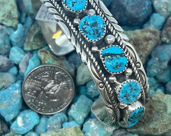 Brazalete de plata de ley turquesa con matriz natural, estilo nativo navajo zuni, hecho a mano, 42 x 62 mm