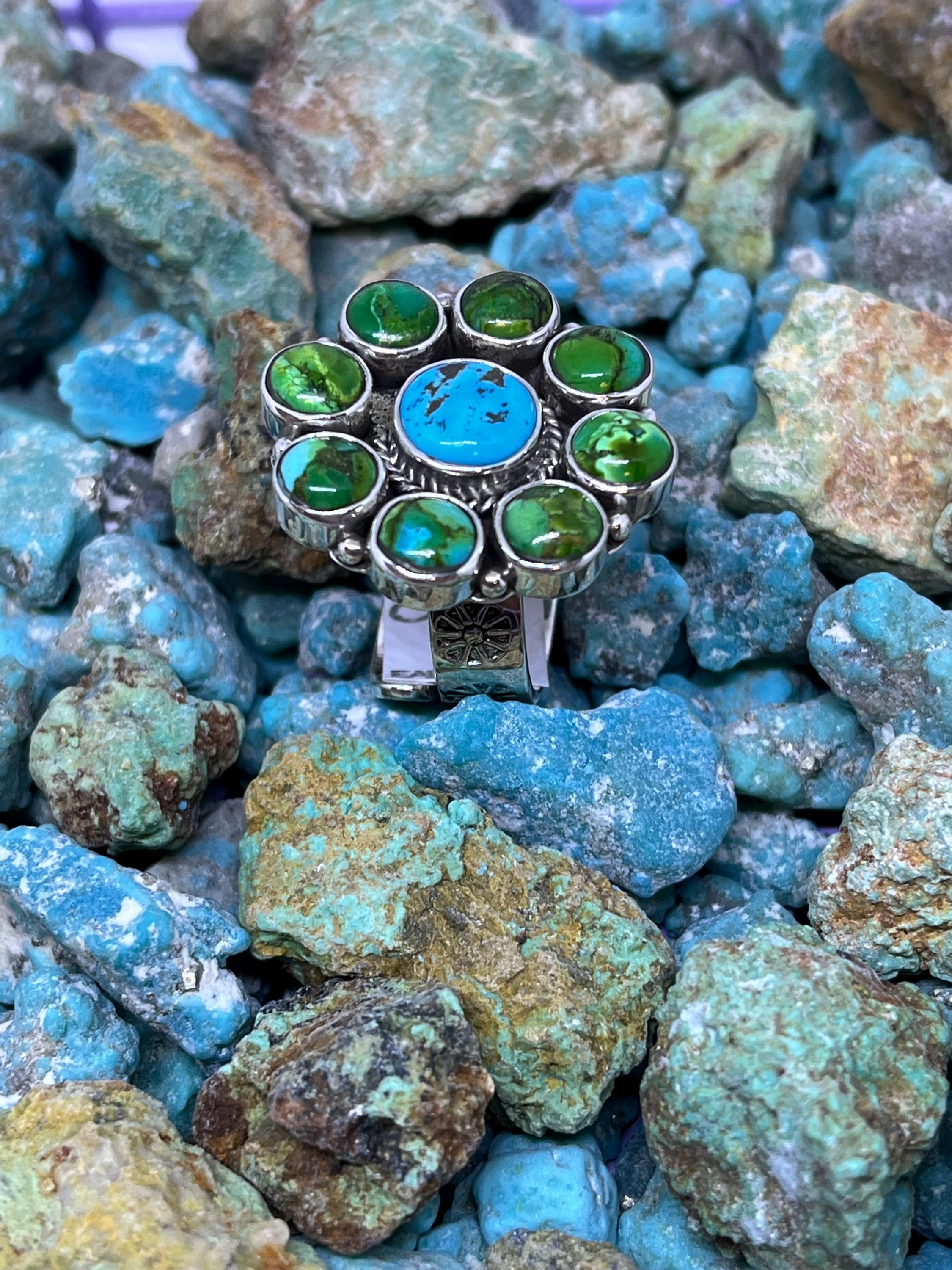 サイズ7US ハンドメイド ロイストン ターコイズ クラスターフラワー