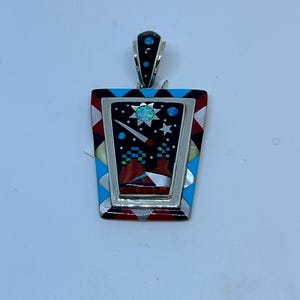1.75 Inch Length Handmade Multicolor Inlay Stone Night Sky Galaxy City Sterling Silver Pendant