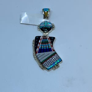 2.5 Inches Length Handmade Zuni Navajo Style Multi-color Stone Inlay Sterling Silver Pendant