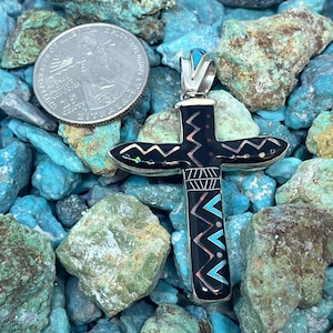 2 Inches Length Handmade Native Zuni Style Multi-stone Inlay Cross Sterling Silver Pendant