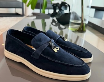 Mocasines de verano para mujer, color azul oscuro, hechos a mano, súper cómodos, suaves y de moda, de alta calidad, hechos con 100 % gamuza.