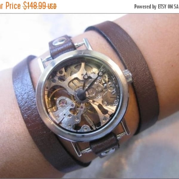 Skeleton Watch Leather Watch-Women wrist watch-Bracelet wrap Watch Steampunk Mechanical Bracelet Watch- brown Genuine leather retro Watch