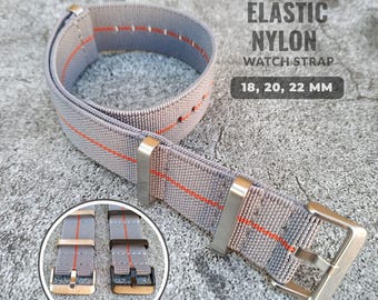 18mm 20mm 22 mm Elastic Single Pass Nylon Watch Strap: Silver or Black Hardware