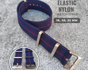 18mm 20mm 22 mm Elastic Single Pass Nylon Watch Strap: Silver or Black Hardware