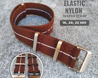 18mm 20mm 22 mm Elastic Single Pass Nylon Watch Strap: Silver or Black Hardware