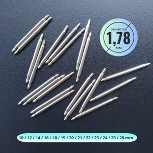 May include: A collection of silver watch spring bars, with a diameter of 1.78 mm, scattered on a dark surface. Sizes range from 10 mm to 28 mm. The image includes a circular graphic with the text "DIAMETER 1,78 MM".