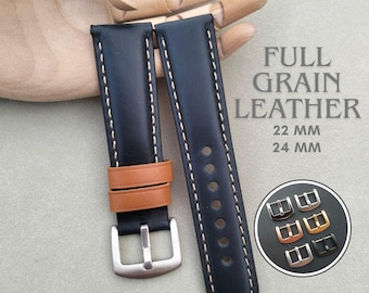 Blue Leather Watch Strap, Full Grain Leather Band with Contrast Keepers, 22mm 24mm