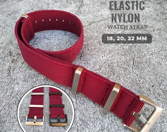 18mm 20mm 22 mm Elastic Single Pass Nylon Watch Strap: Silver or Black Hardware