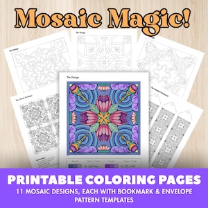 Mosaic Magic! 44 Páginas para Colorear [11 Diseños con Plantillas de Patrón, Sobre para cartas y Separador de libros]