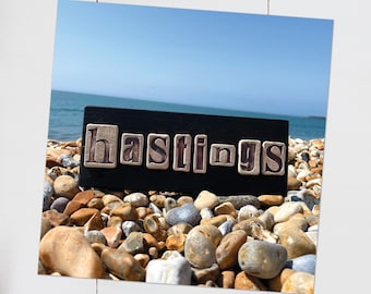 Hastings Beach Black Sign Postcard