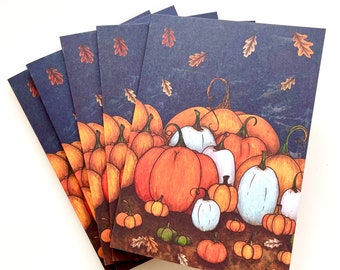 Set of FIVE A6 folded pumpkin illustration notecards