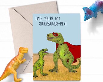 Cute Illustrated T-Rex Dinosaur Superhero Dad Fathers Day Card
