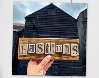 Hastings Net Huts Wooden Sign Postcard