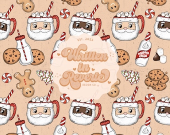May include: A festive pattern with Christmas imagery. It includes Santa mugs, milk bottles, cookies, gingerbread men, candy canes, and whipped cream bottles on a beige backdrop. The text "Written in Reverie Design Co." is also visible within the design.