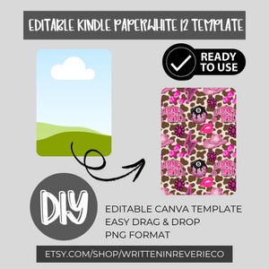 May include: An editable Kindle Paperwhite 12 template with a ready-to-use design. The design features a brown and pink cow print with pink accents, including a cowboy hat, lips, and the text "Lucky Wild". Includes the text "DIY", "Editable Canva Template", and "Easy Drag & Drop".