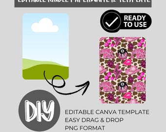 Op de afbeelding: Een bewerkbare Kindle Paperwhite 12-sjabloon met een kant-en-klaar ontwerp. Het ontwerp heeft een bruine en roze koeienprint met roze accenten, waaronder een cowboyhoed, lippen en de tekst "Lucky Wild". Bevat de tekst "DIY", "Editable Canva Template" en "Easy Drag & Drop".