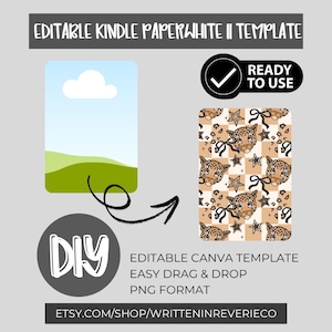 May include: An image of a Kindle Paperwhite II template with a ready-to-use design. The template includes a DIY section, a landscape image, and a leopard print design. The text reads: "EDITABLE CANVA TEMPLATE, EASY DRAG & DROP, PNG FORMAT."