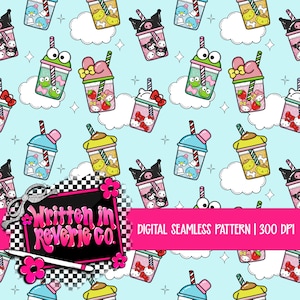 May include: A digital seamless pattern featuring cartoon bubble tea drinks with various character designs, including frogs, Hello Kitty, and other characters, set against a light blue background with white clouds and stars. The pattern includes the text "Written in Reverie Co."
