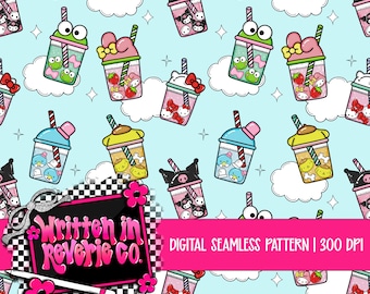 Kawaii Kitty Friends Boba Seamless Pattern (Digital Download | 300 DPI)