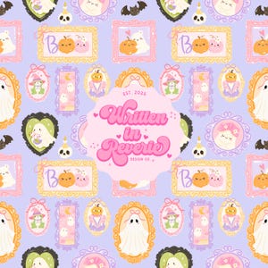 May include: A repeating pattern on a light purple background features framed illustrations of ghosts, pumpkins, bats, and candles. The text "Written in Reverie" is in the center. The design has a whimsical, Halloween theme.