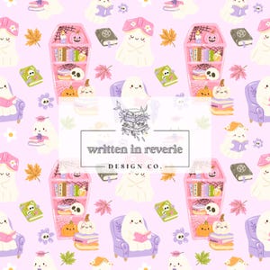 May include: A repeating pattern on a pink background featuring cartoon ghosts, bookshelves, pumpkins, books, and autumn leaves. The text "written in reverie DESIGN CO." is in a white rectangle.