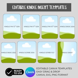 Könnte beinhalten: Grafik mit acht Kindle-Insert-Vorlagen. Jede Vorlage zeigt ein Himmel- und Landschaftsdesign mit Texten, die Kindle-Modelle wie "PW 12th Gen" und "Basic 2024" angeben. Das Bild enthält auch Logos für "Ready to Use" und "Canva".