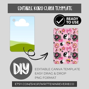 Può includere: Immagine di un modello digitale per Kobo Clara. Il design presenta una grafica fai-da-te, un badge 'pronto all'uso' e un motivo rosa con sfere da discoteca, simboli yin-yang e labbra. Testo: 'Modello Canva modificabile' e l'URL del negozio Etsy.