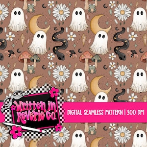 May include: A digital seamless pattern featuring whimsical illustrations on a brown background. The design includes white ghosts, crescent moons, daisies, mushrooms, snakes, and frogs. The text "Written in Reverie Co." is visible in the lower left corner.