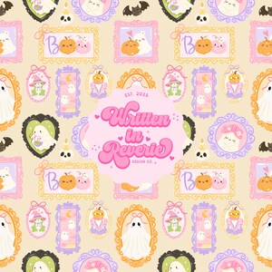May include: A repeating pattern featuring framed illustrations of ghosts, pumpkins, bats, and candles in pastel colors. The word "Boo" is written in a frame. The text "Written in Reverie" is in the center of the image.