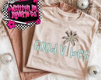 Good Vibes Summer Palm Tree PNG: Digital Download | 300 DPI | Coral and Teal Included!