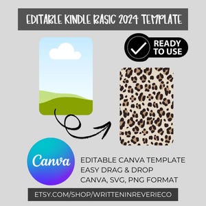 Könnte beinhalten: Ein Bild, das eine editierbare Kindle Basic 2024 Vorlage bewirbt. Das Design umfasst eine Landschaftsillustration, ein Leopardenmuster und das Canva-Logo. Der Text enthält "Ready to Use" und "Editable Canva Template, Easy Drag & Drop, Canva, SVG, PNG Format."