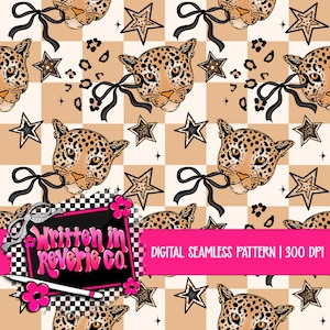 May include: Digital seamless pattern featuring leopard faces with black bows, stars, and leopard print spots on a tan and white checkered background. The text "Written in Reverie Co." is displayed on a black and white checkered background with pink flowers.
