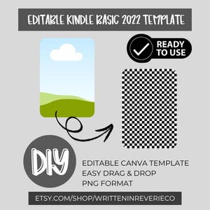 May include: A digital template for a Kindle Basic 2022, featuring a landscape image of a blue sky with a white cloud and green hills. The design includes a black and white checkered pattern, a "Ready to Use" badge, and the text "DIY".
