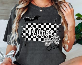Spooky Checkered Nurse PNG: Halloween Shirt Design (Digital Download, 12x12 in