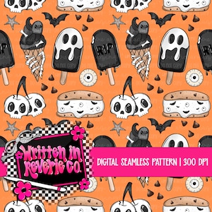 May include: Digital seamless pattern in orange with Halloween illustrations. Features ice cream cones, popsicles, cherries, and sandwich cookies with skull faces, bats, and stars. The text "Written in Reverie Co." is also present.