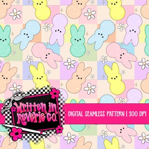 Peut inclure: Motif numérique sans couture avec des lapins pastel, des fleurs et des formes géométriques. Le motif comprend des lapins bleus, jaunes, roses et pêche, avec des fleurs blanches et une bannière rose avec "DIGITAL SEAMLESS PATTERN | 300 DPI".