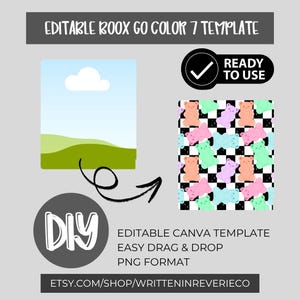 以下が含まれることがあります： 「EDITABLE BOOX GO COLOR 7 TEMPLATE」と「READY TO USE」のテキストが入ったデジタルテンプレート。DIYグラフィックと、市松模様の背景にカラフルなグミベアのパターンが含まれています。テンプレートはドラッグ＆ドロップで簡単に使用できます。