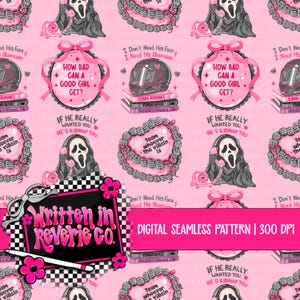 May include: A seamless digital pattern on a light pink background featuring repeating illustrations of heart-shaped cakes, Ghostface figures with pink telephones, motorcycle helmets on books, and text including How Bad Can A Good Girl Get.